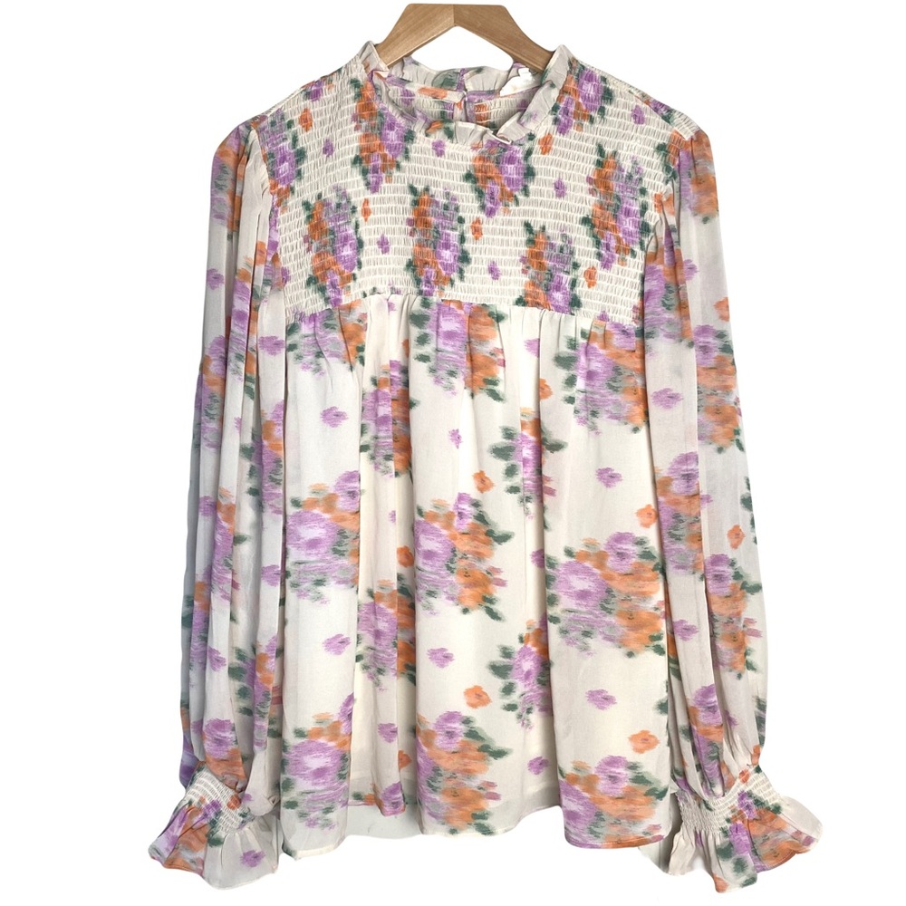 Entro Womens Sz L Floral Peasant Smocked Top Balloon Bell Sleeve Cottagecore